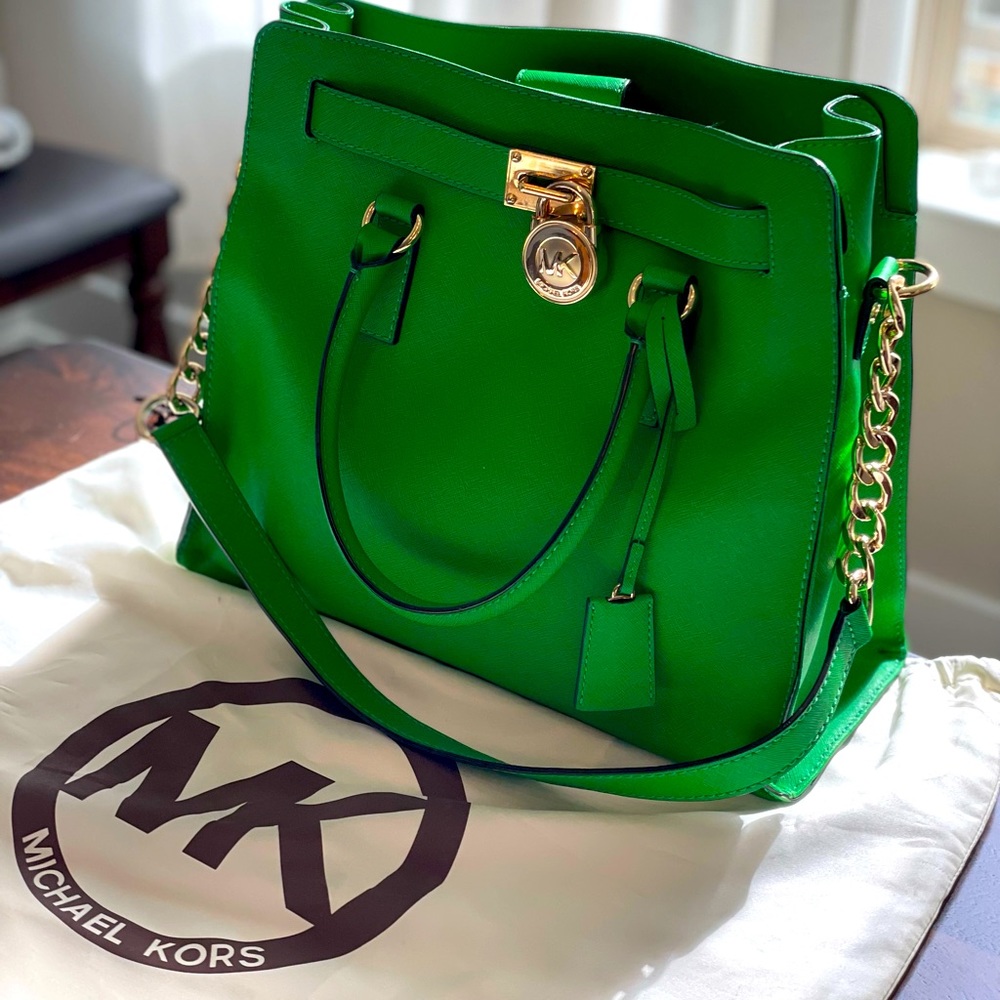 Michael Kors (MK) emerald green Saffiano leather Hamilton satchel